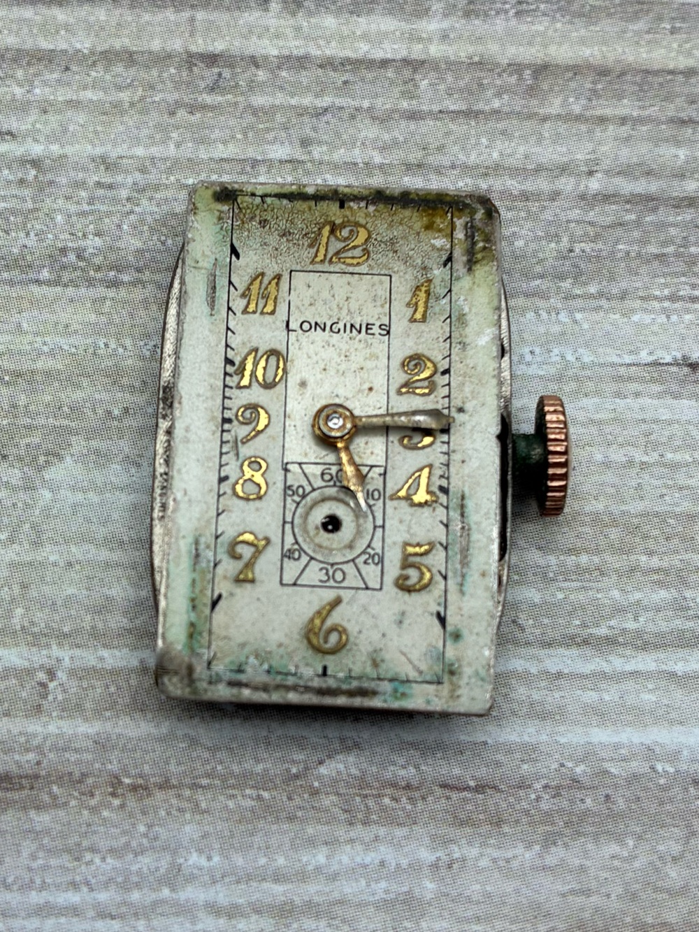Longines Gold Numeral Rectangular Watch Dial with Crown, see pics/description